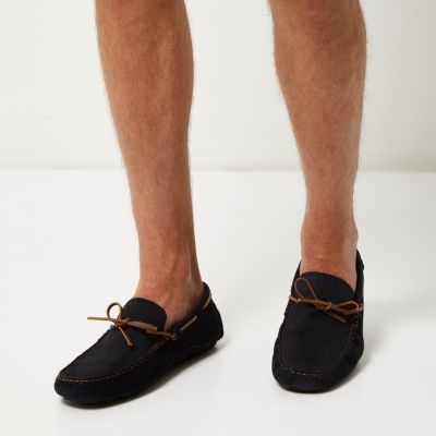 Navy suede woven driver shoes
